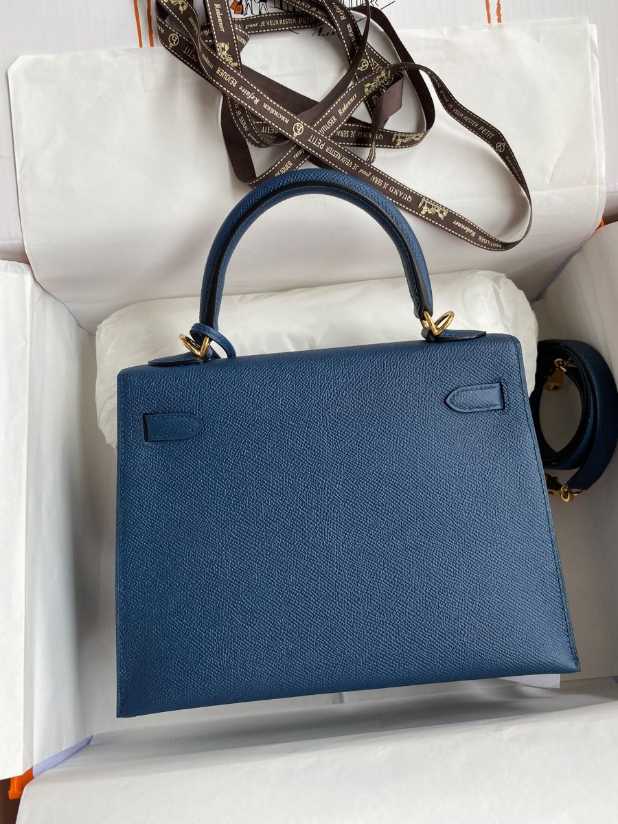 Hermes Kelly Sellier 25 Handmade Bag In Deep Blue Epsom Calfskin - Image 3