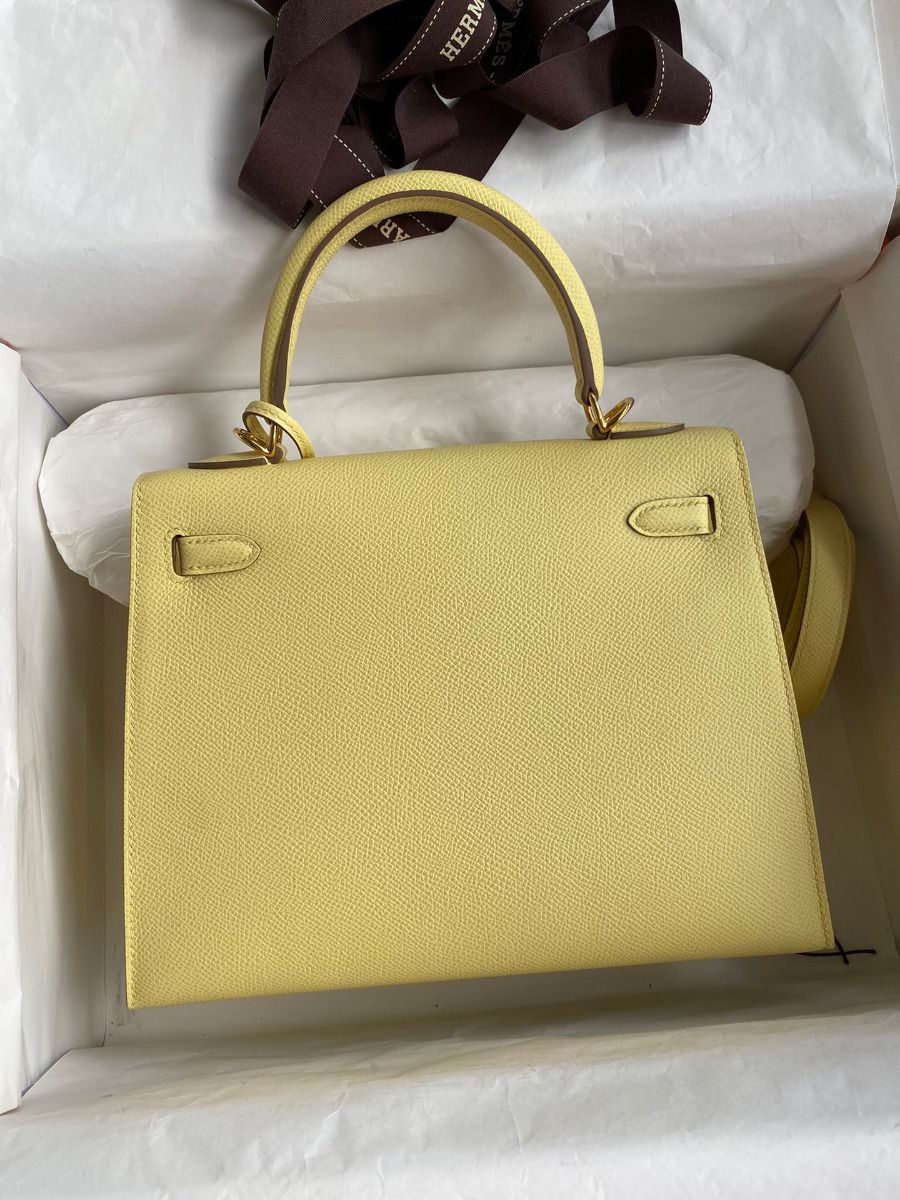 Hermes Kelly Sellier 25 Handmade Bag In Jaune Poussin Epsom Calfskin - Image 3