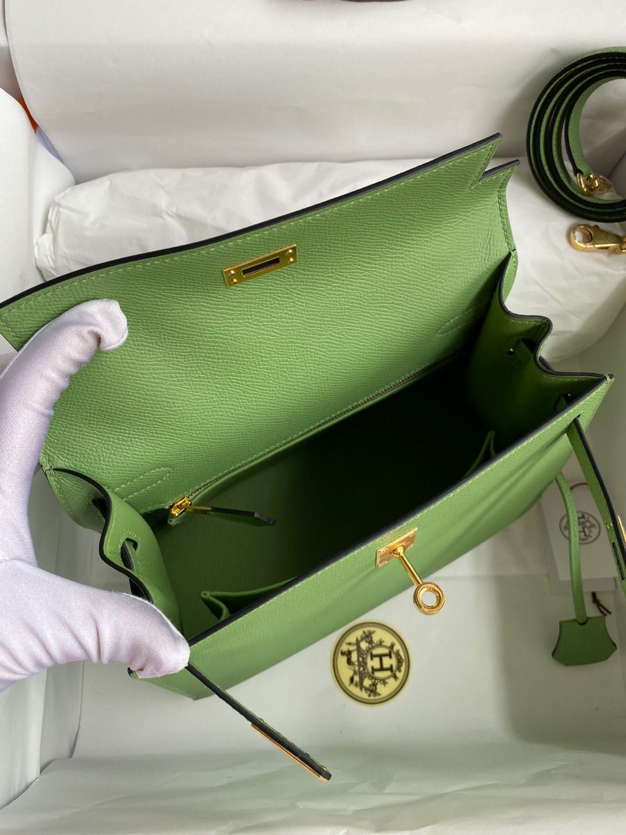 Hermes Kelly Sellier 25 Handmade Bag In Vert Criquet Epsom Calfskin - Image 8