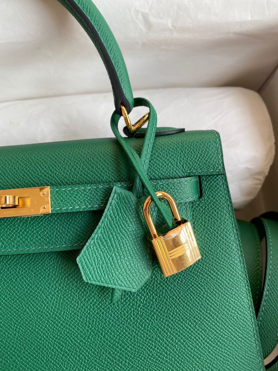 Hermes Kelly Sellier 25 Handmade Bag In Vert Vertigo Epsom Calfskin - Image 4