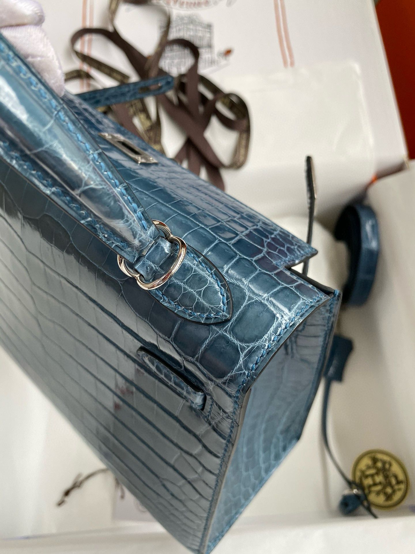Hermes Kelly Retourne 25 Handmade Bag Blue Jean Crocodile Niloticus Shiny Skin - Image 7