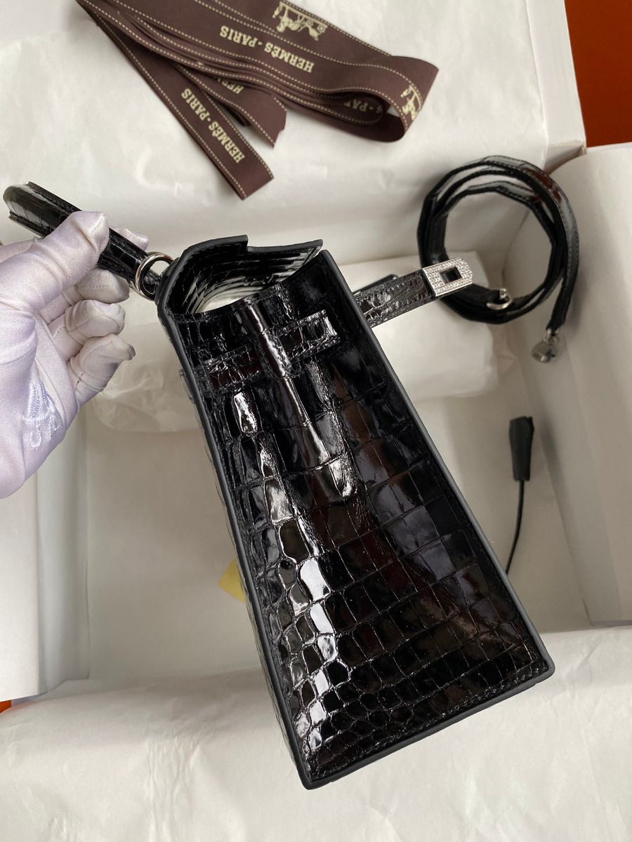 Hermes Kelly Sellier 25 Diamond Bag In Black Crocodile Niloticus Shiny Skin - Image 6