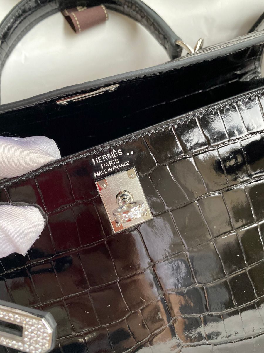 Hermes Kelly Sellier 25 Diamond Bag In Black Crocodile Niloticus Shiny Skin - Image 8