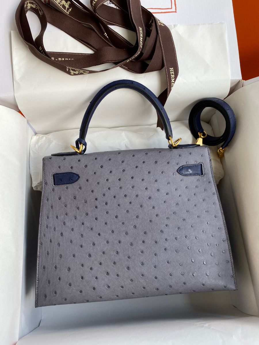 Hermes Kelly Sellier 25 Bicolor Bag in Gris Agate and Blue Ostrich Leather - Image 3