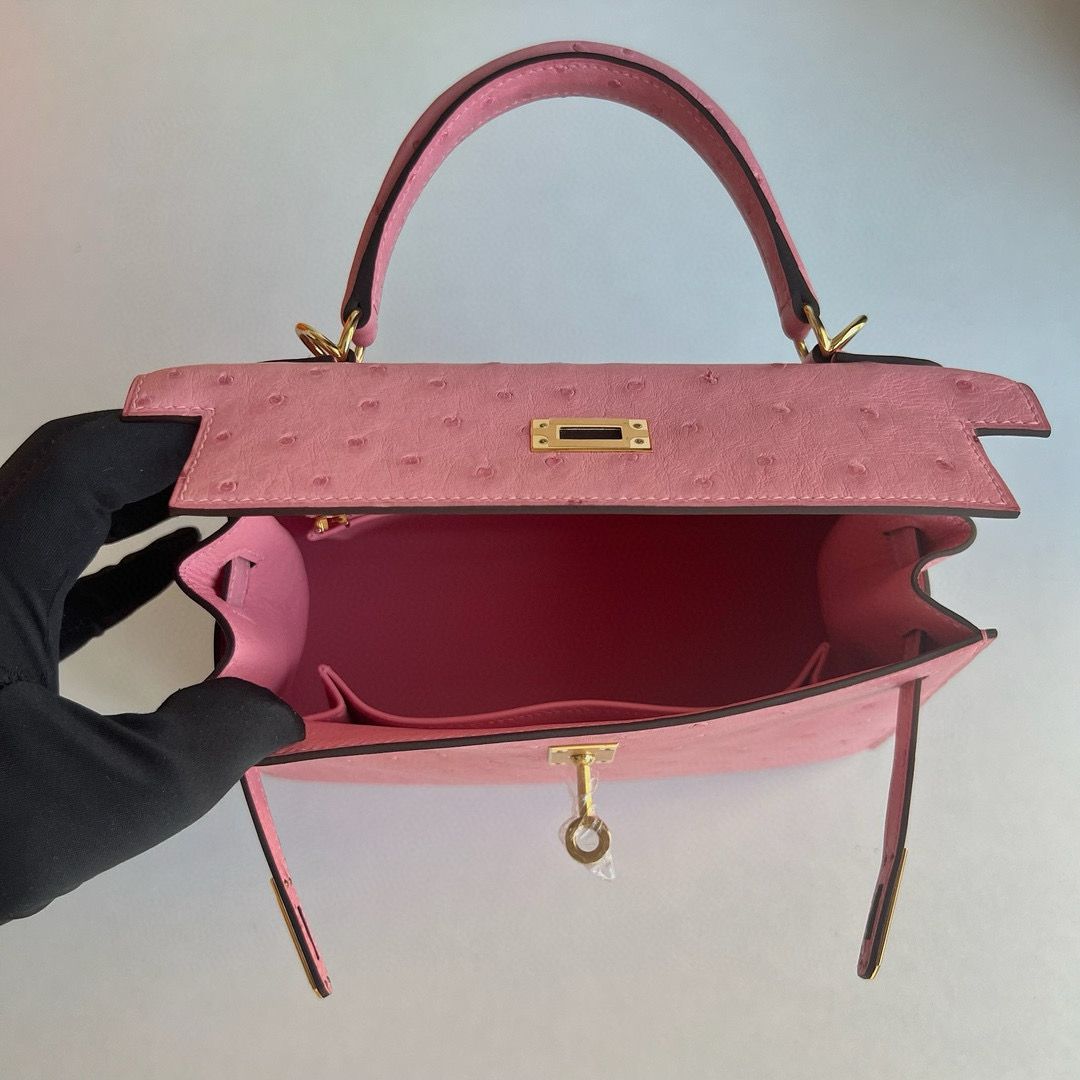 Hermes Kelly Sellier 25 Handmade Bag in Rose Bubblegum Ostrich Leather - Image 8