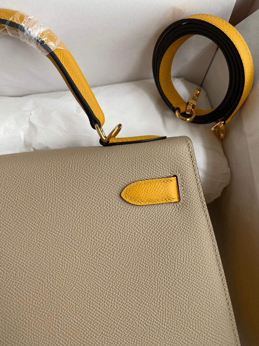 Hermes Kelly Sellier 28 Bicolor Bag in Trench and Yellow Epsom Calfskin - Image 5
