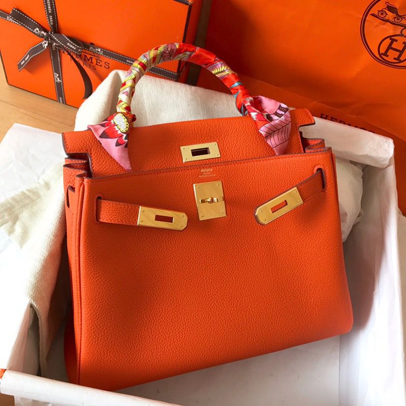 Hermes Kelly Retourne 28 Handmade Bag In Orange Clemence Leather - Image 5