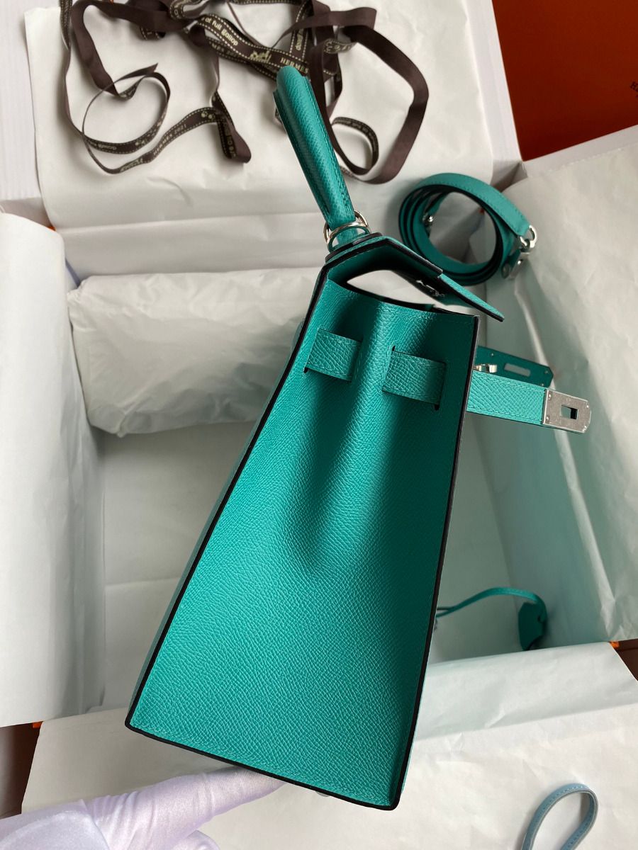 Hermes Kelly Sellier 28 Handmade Bag In Blue Paon Epsom Calfskin - Image 6