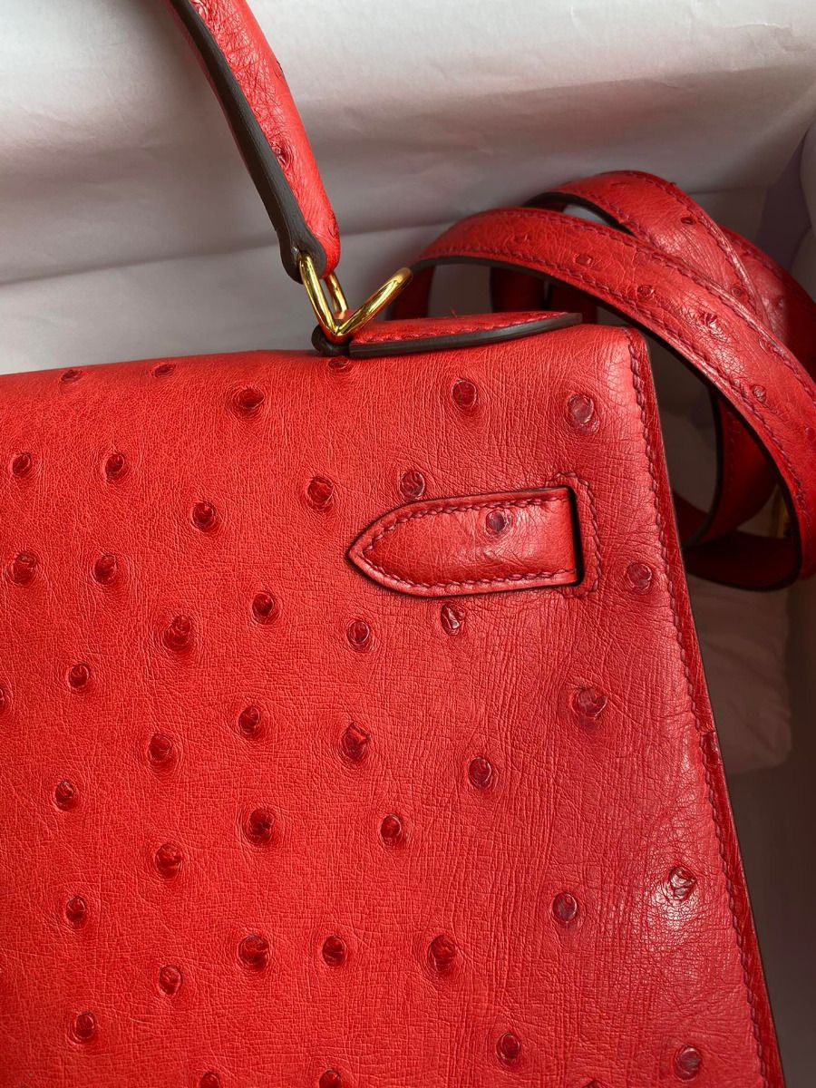 Hermes Kelly Sellier 28 Handmade Bag In Red Ostrich Leather - Image 5