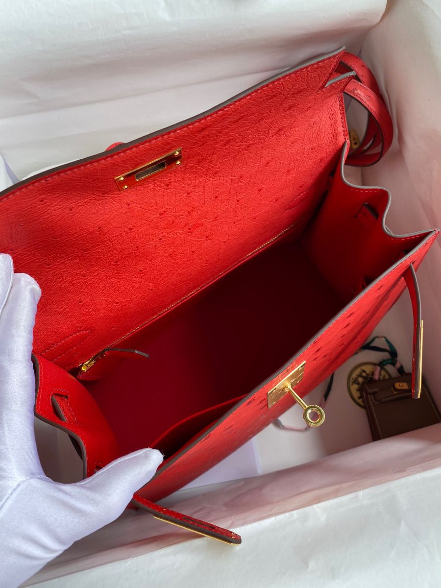 Hermes Kelly Sellier 28 Handmade Bag In Red Ostrich Leather - Image 8