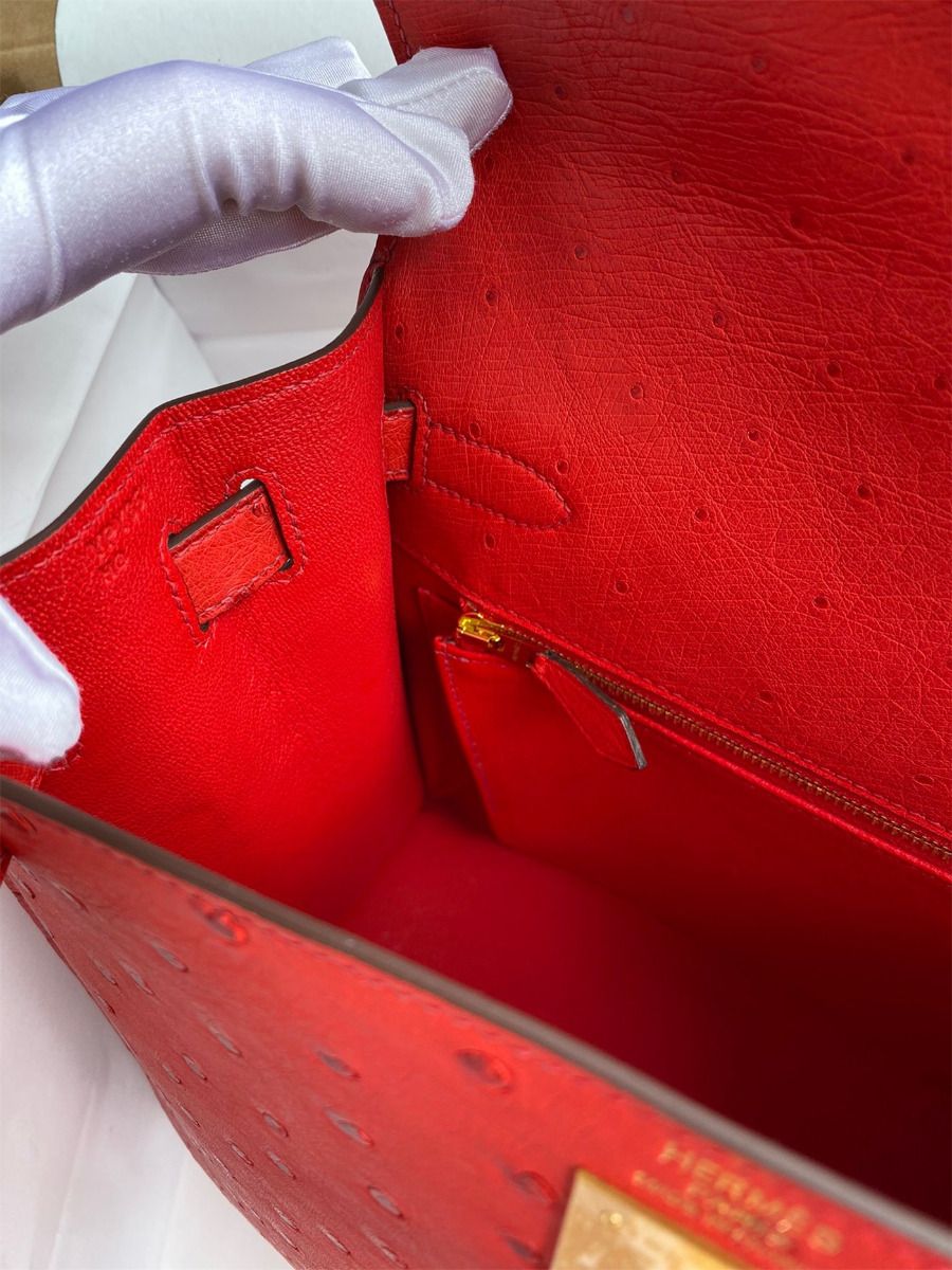 Hermes Kelly Sellier 28 Handmade Bag In Red Ostrich Leather - Image 10