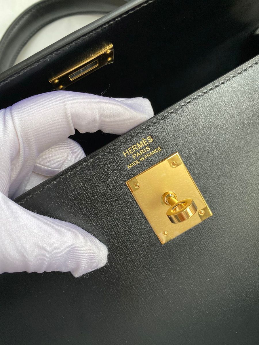 Hermes Kelly Sellier 32 Handmade Bag In Black Box Calfskin - Image 8