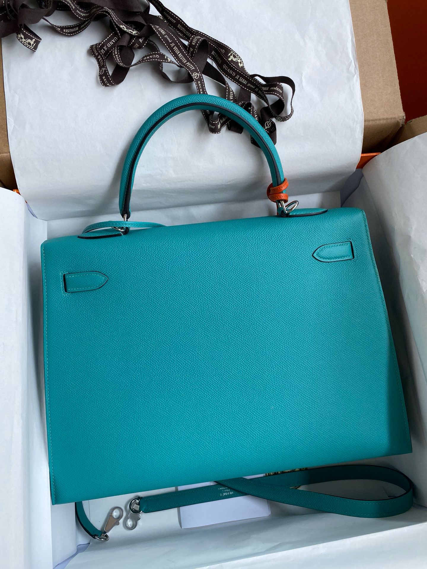 Hermes Kelly Sellier 32 Handmade Bag in Blue Paon Epsom Calfskin - Image 3