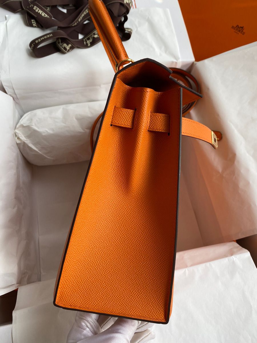 Hermes Kelly Sellier 32 Handmade Bag In Orange Epsom Calfskin - Image 6