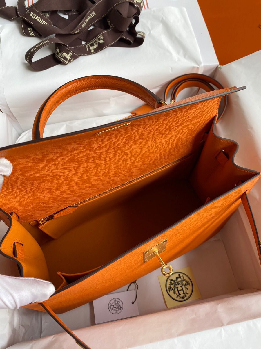 Hermes Kelly Sellier 32 Handmade Bag In Orange Epsom Calfskin - Image 9