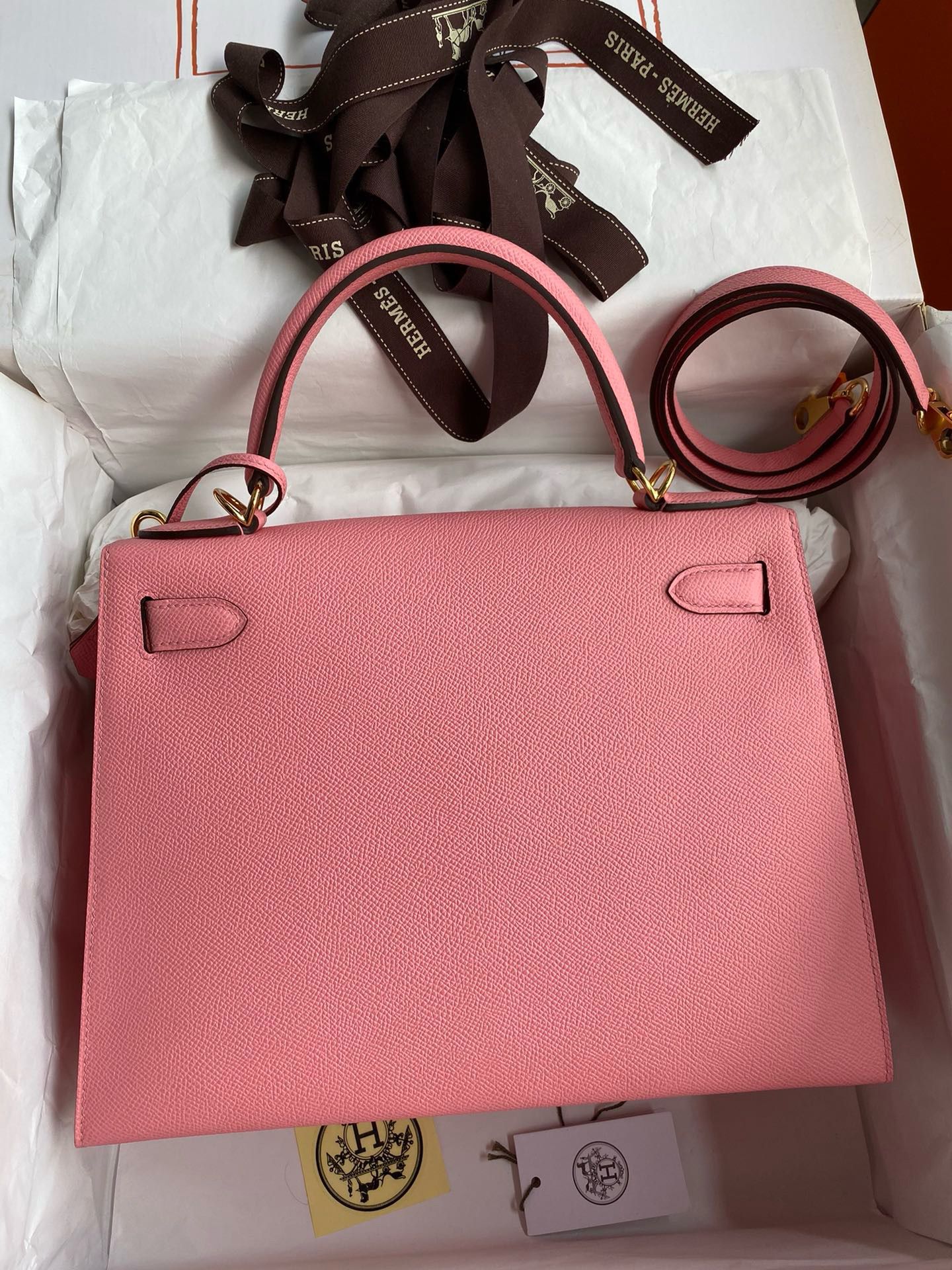 Hermes Kelly Sellier 32 Handmade Bag In Rose Confetti Epsom Calfskin - Image 3