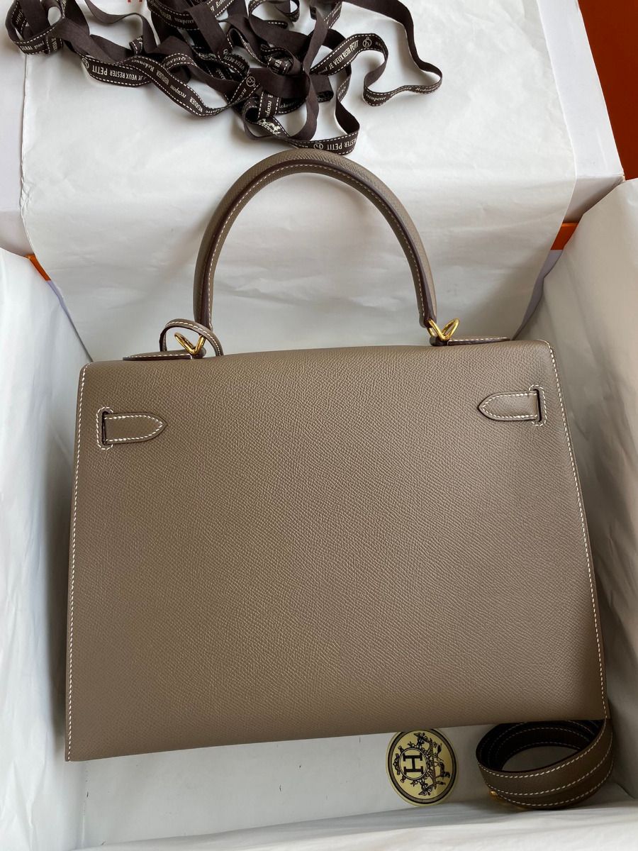 Hermes Kelly Sellier 32 Handmade Bag In Taupe Epsom Calfskin - Image 3