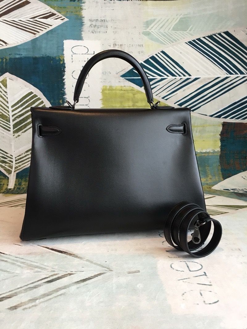 Hermes Kelly Sellier 35 Handmade Bag In Black Box Calfskin - Image 3