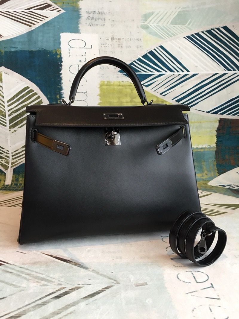 Hermes Kelly Sellier 35 Handmade Bag In Black Box Calfskin - Image 4