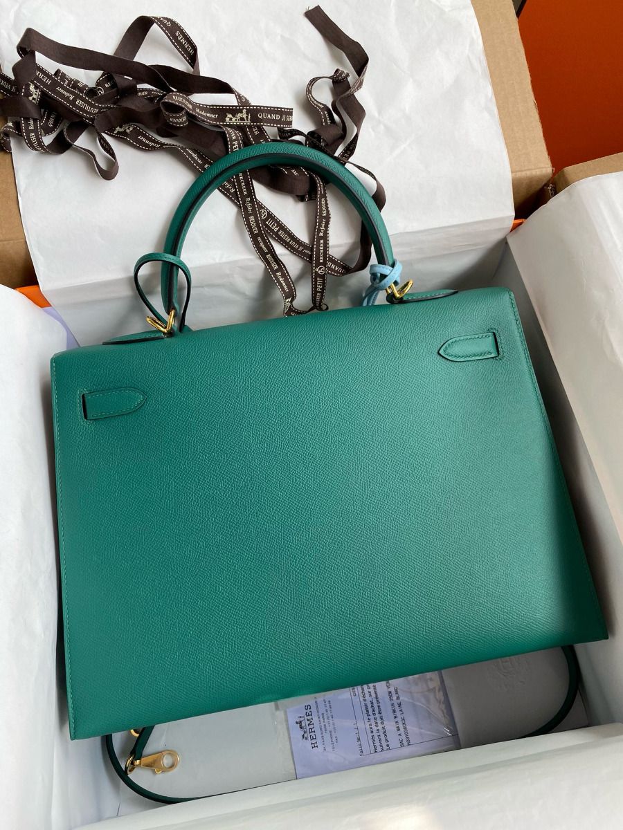 Hermes Kelly Sellier 35 Handmade Bag In Malachite Epsom Calfskin - Image 3