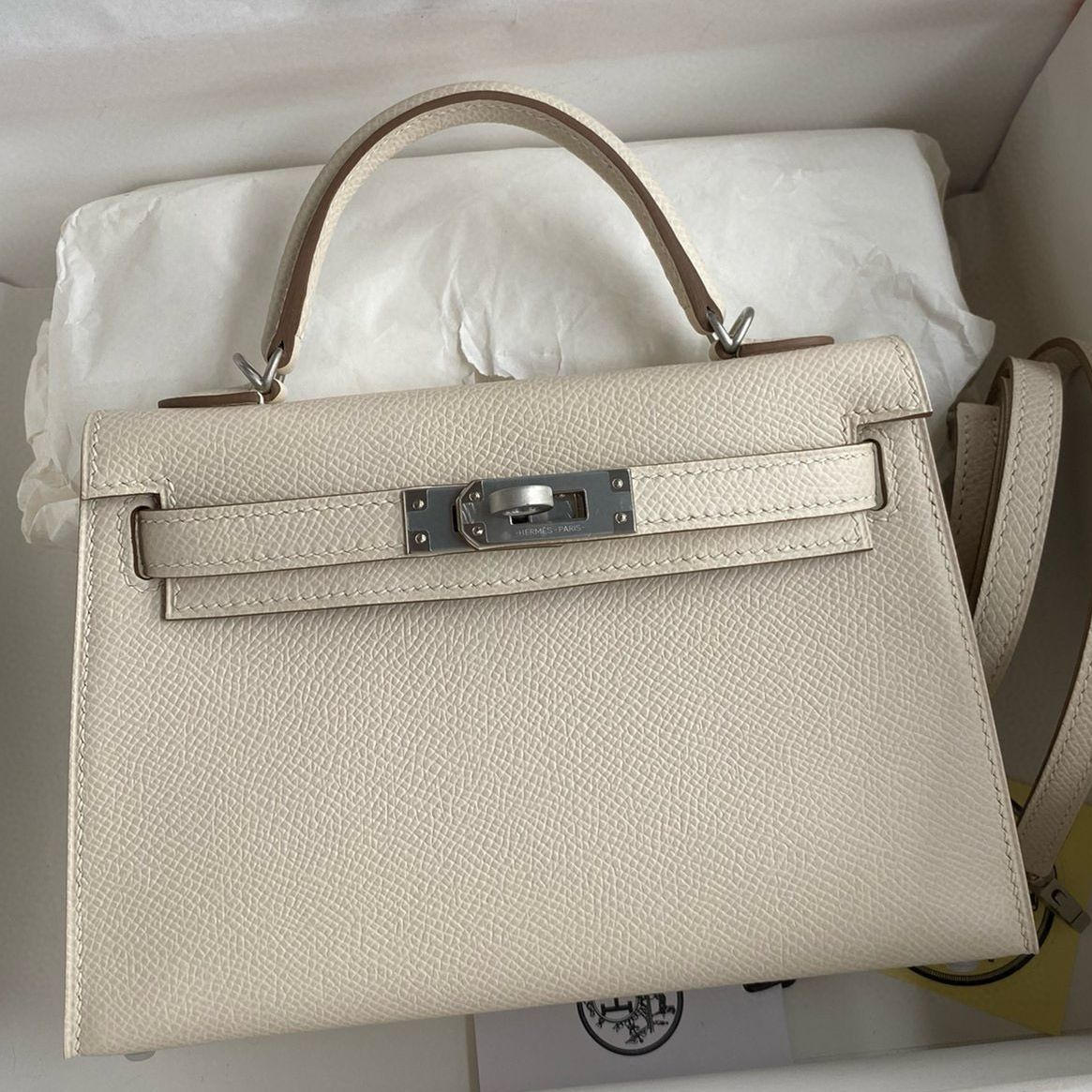 Hermes Kelly Mini II Verso Sellier Handmade Bag in Craie Epsom Calfskin