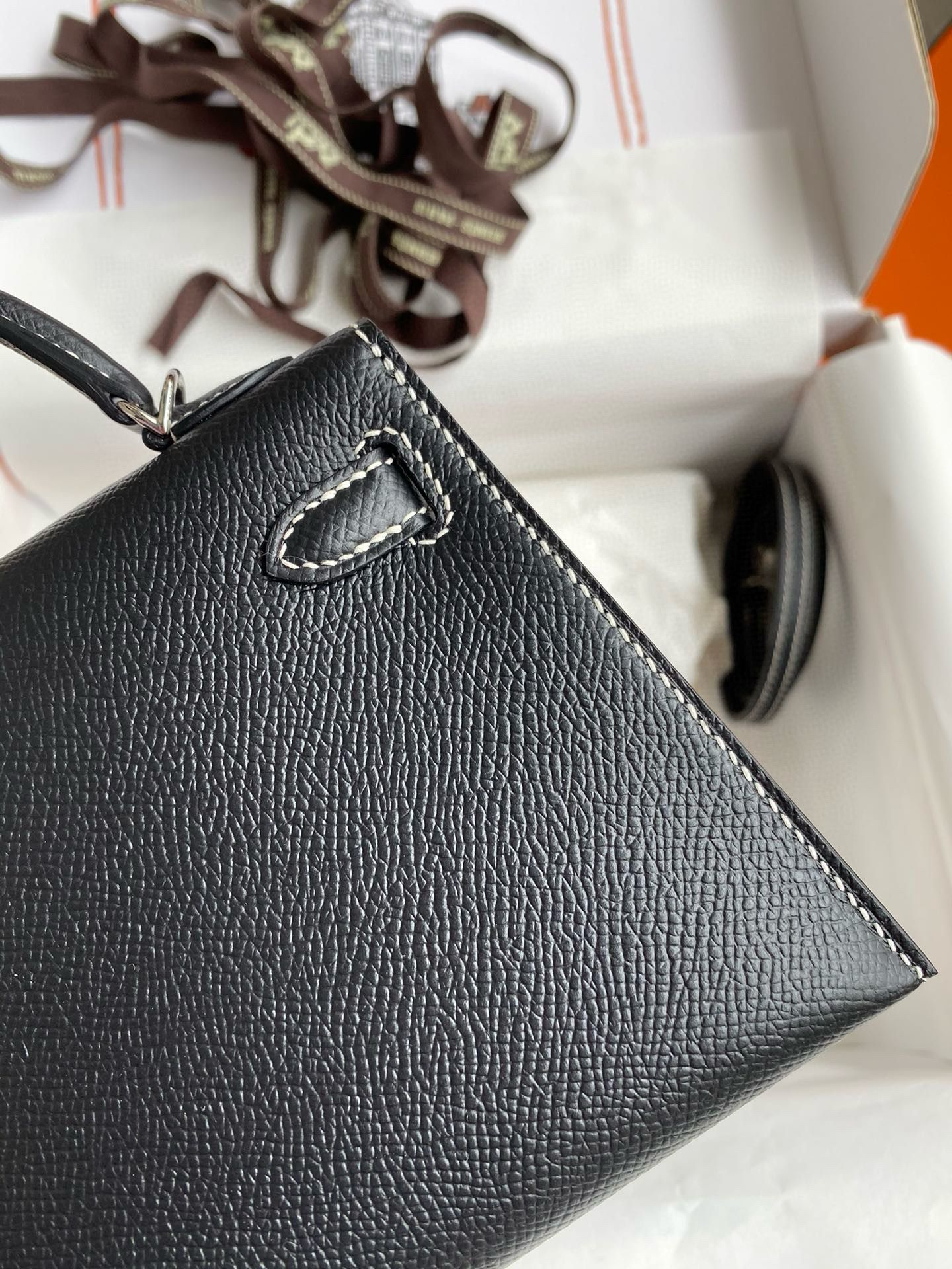 Hermes Kelly Mini II Sellier Verso Handmade Bag in Black and Blue Brume Epsom Calfskin - Image 6