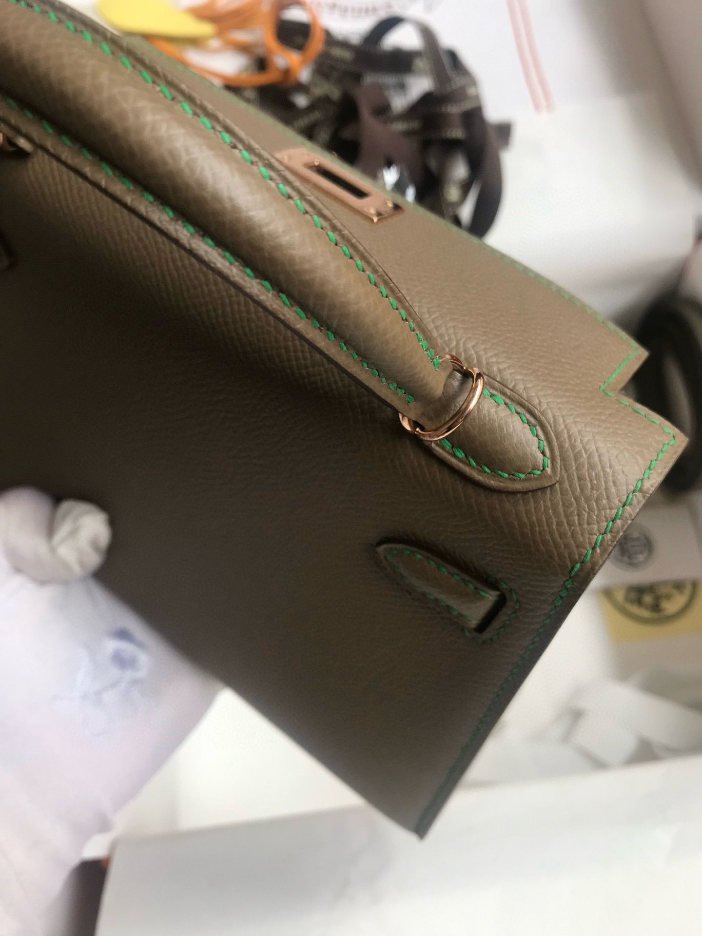 Hermes Kelly Mini II Sellier Verso Handmade Bag in Taupe and Bamboo Epsom Calfskin - Image 8