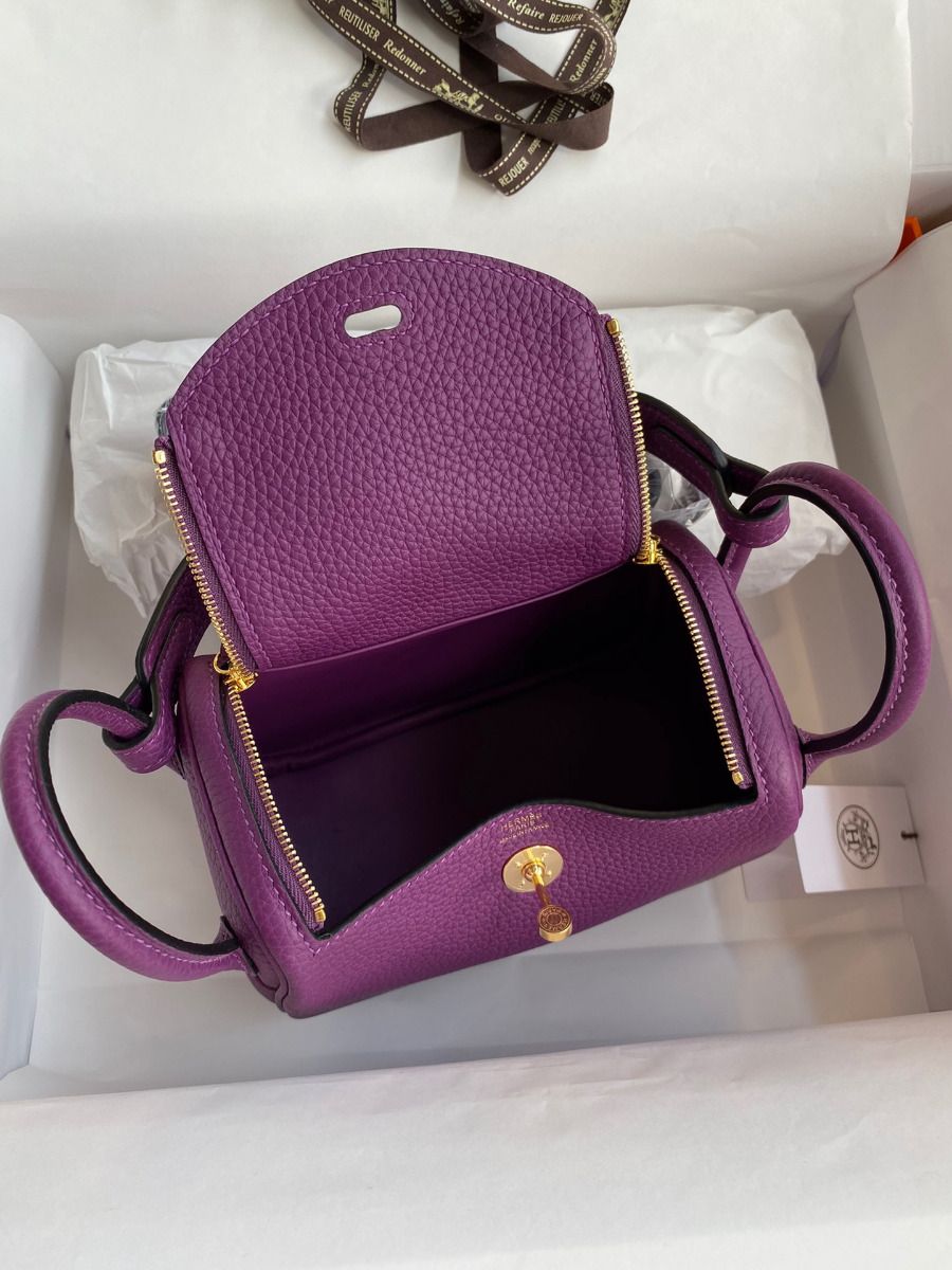 Hermes Mini Lindy Handmade Bag In Anemone Clemence Leather - Image 7