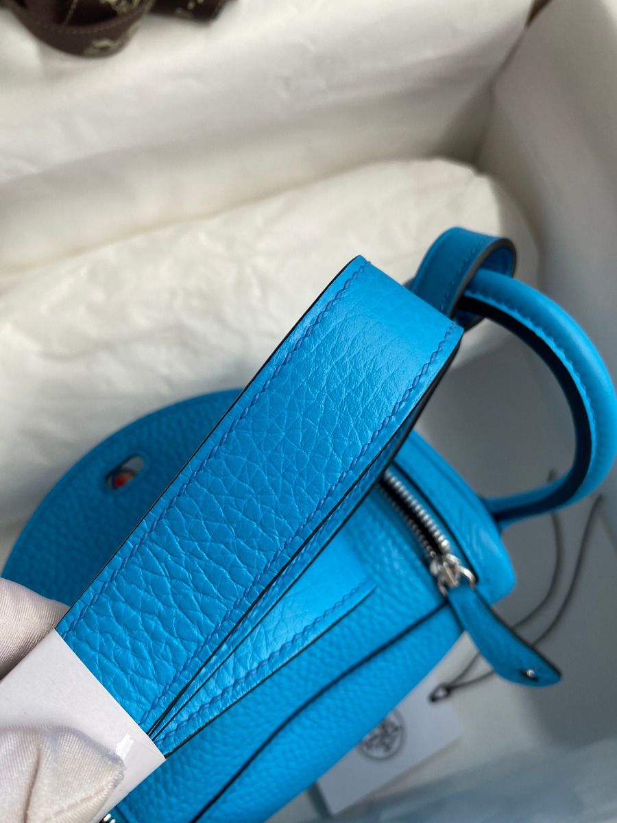 Hermes Mini Lindy Handmade Bag In Blue Frida Clemence Leather - Image 10