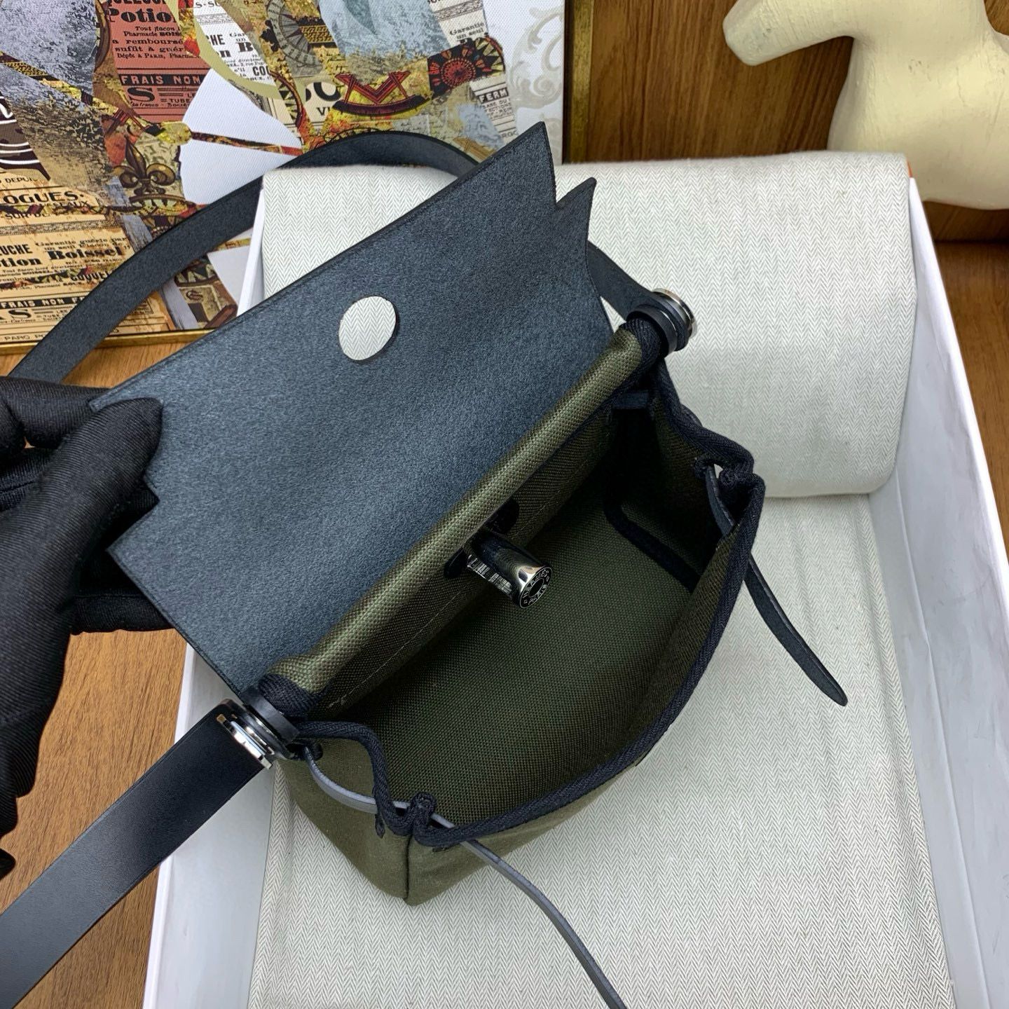 Hermes Herbag Zip 20 Bag in Green Canvas and Black Hunter Calfskin - Image 6