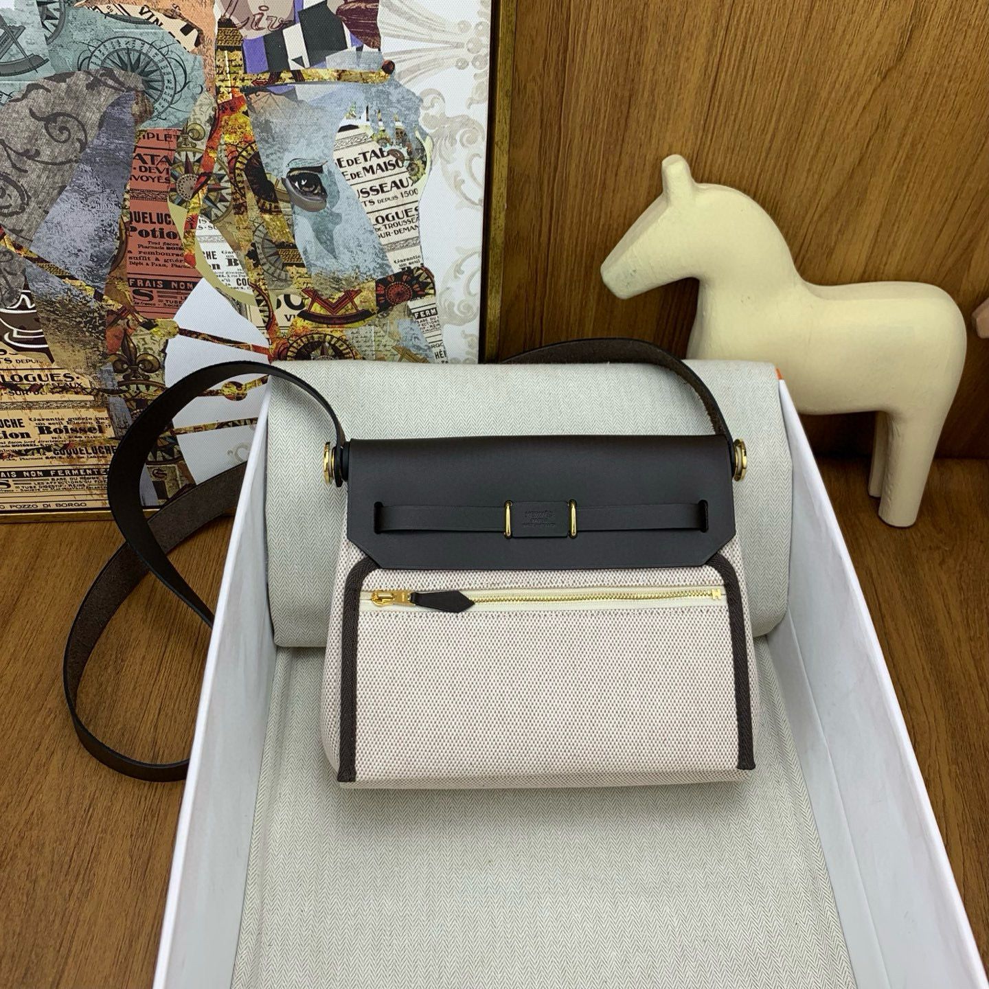 Hermes Herbag Zip 20 Bag in Canvas and Ebene Hunter Calfskin - Image 3