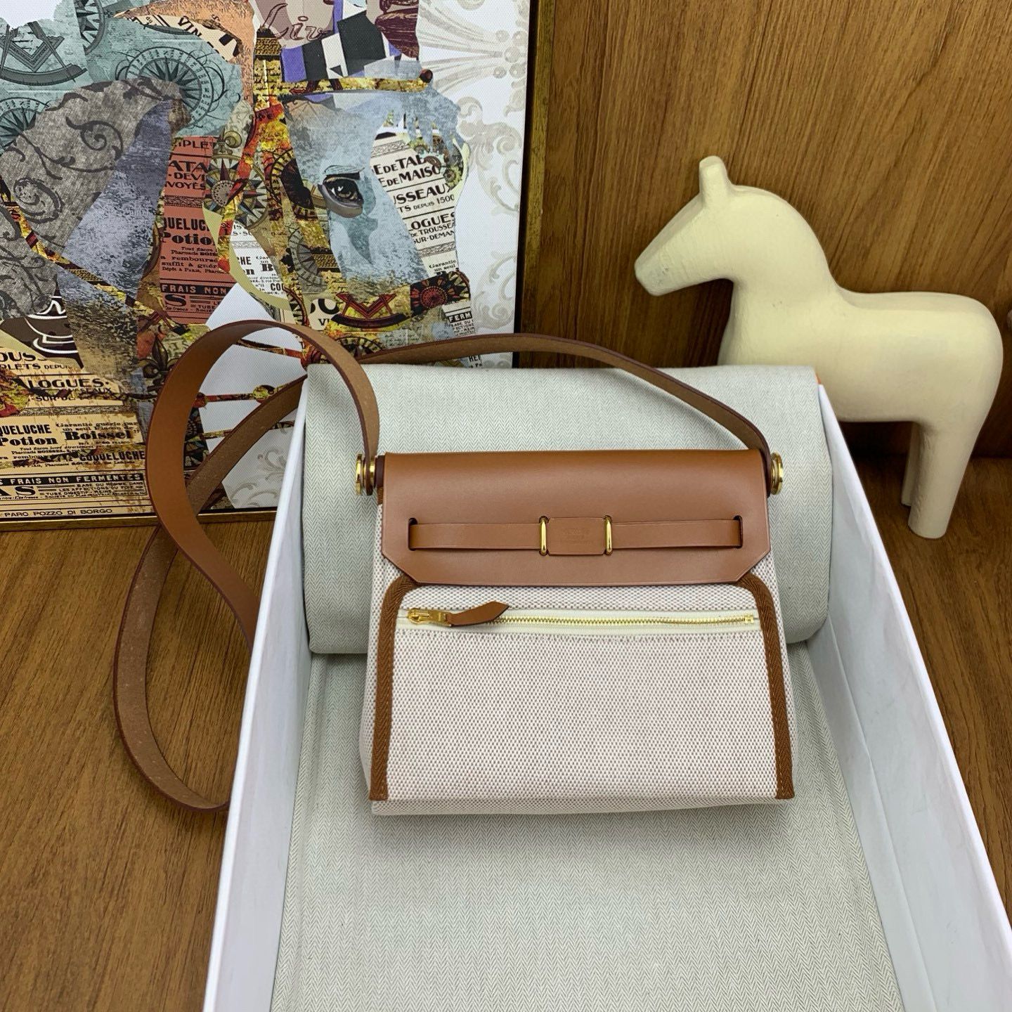 Hermes Herbag Zip 20 Bag in Canvas and Gold Hunter Calfskin - Image 3