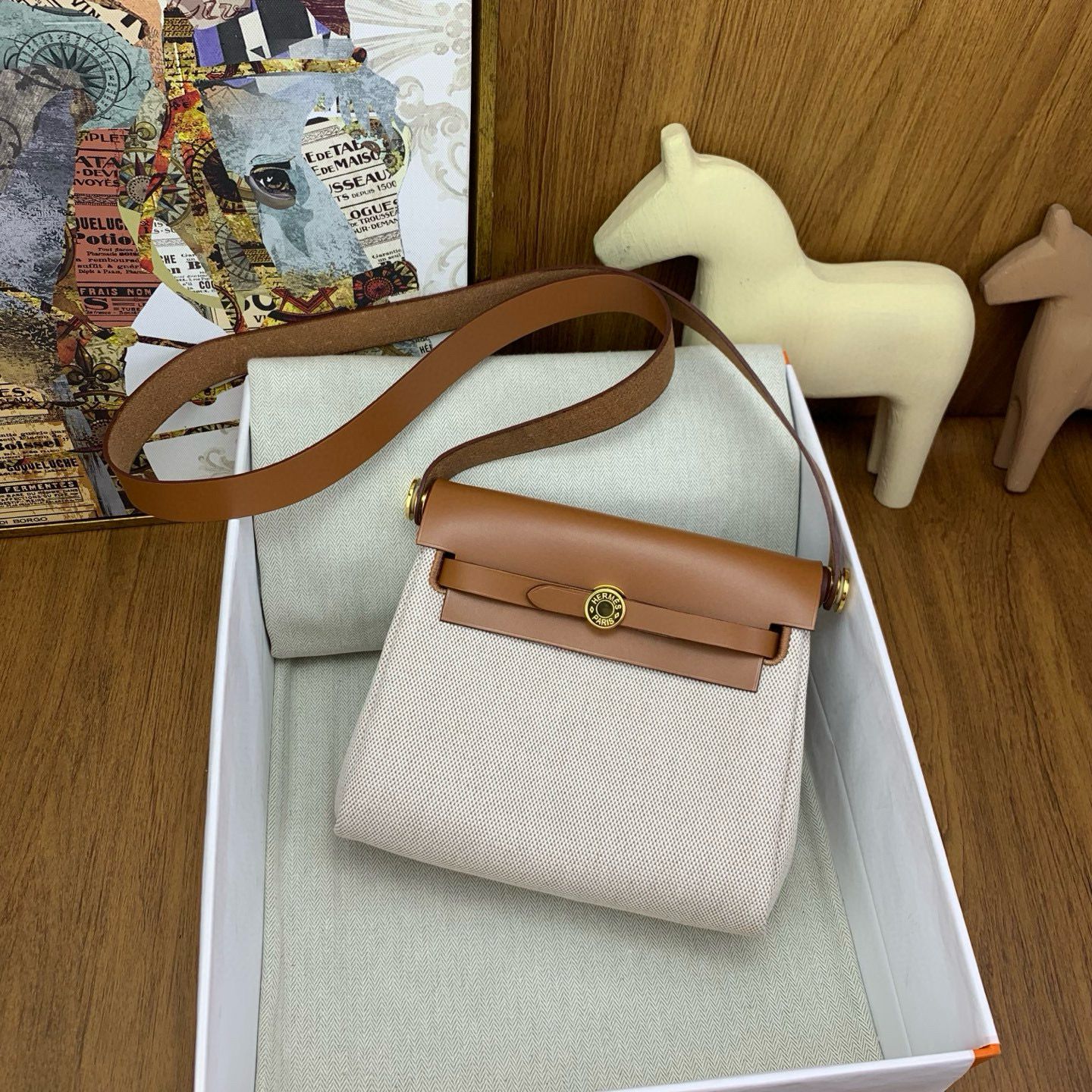 Hermes Herbag Zip 20 Bag in Canvas and Gold Hunter Calfskin - Image 4