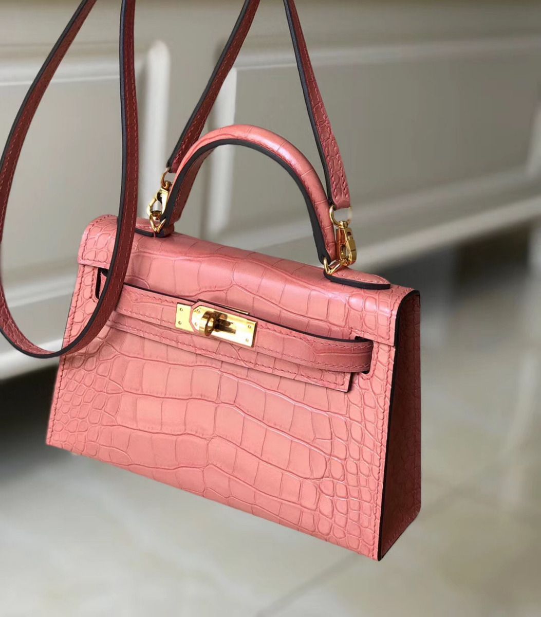 Hermes Kelly Mini II Handmade Bag In Pink Crocodile Embossed Leather - Image 7