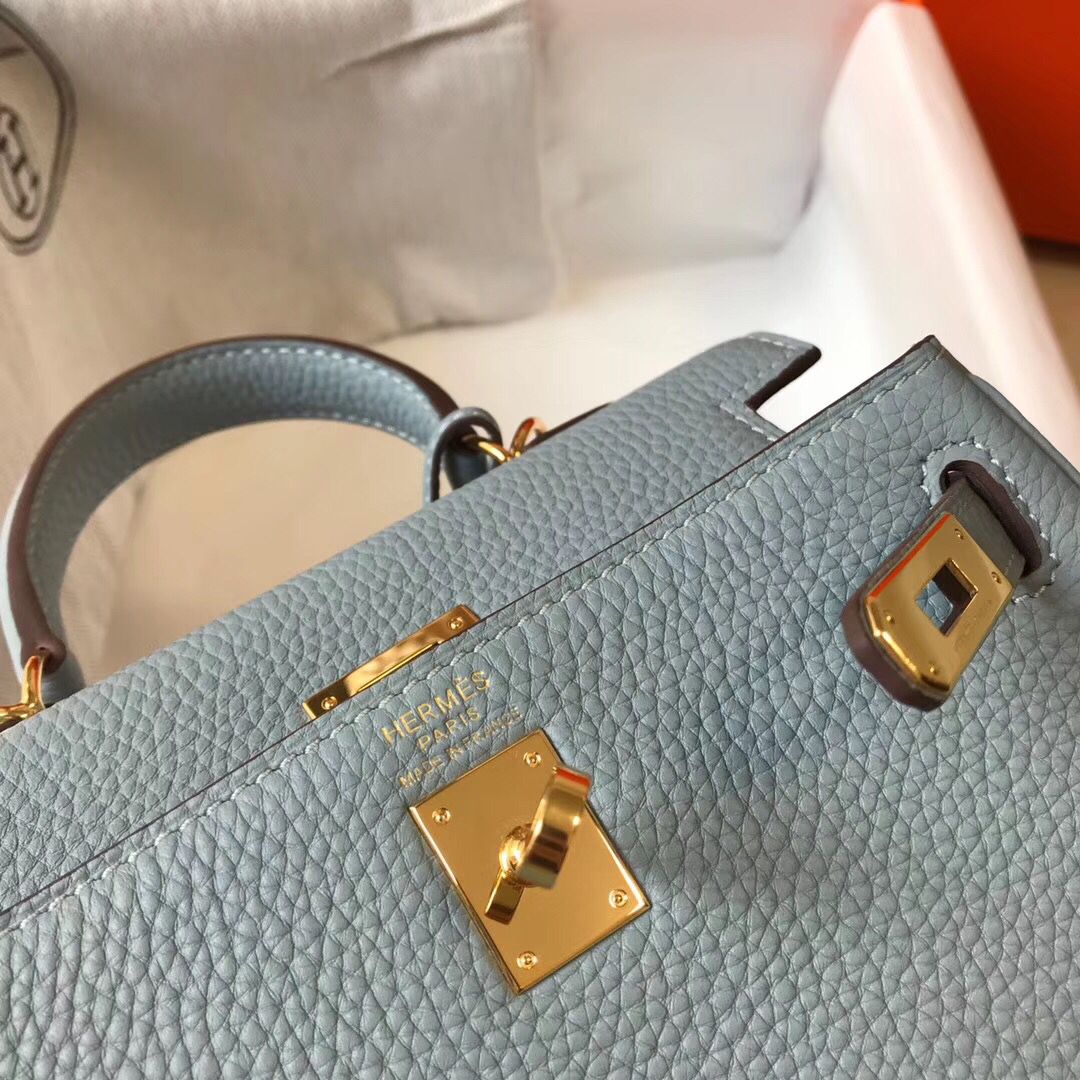 Hermes Kelly 20cm Bag In Blue Lin Clemence Leather GHW - Image 6