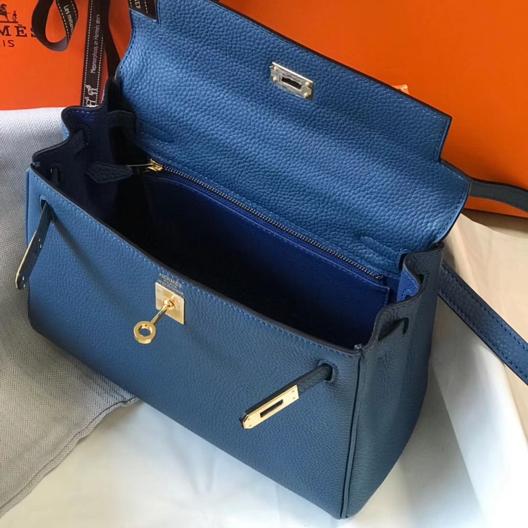 Hermes Kelly 25cm Retourne Bag In Agate Blue Clemence Leather - Image 9