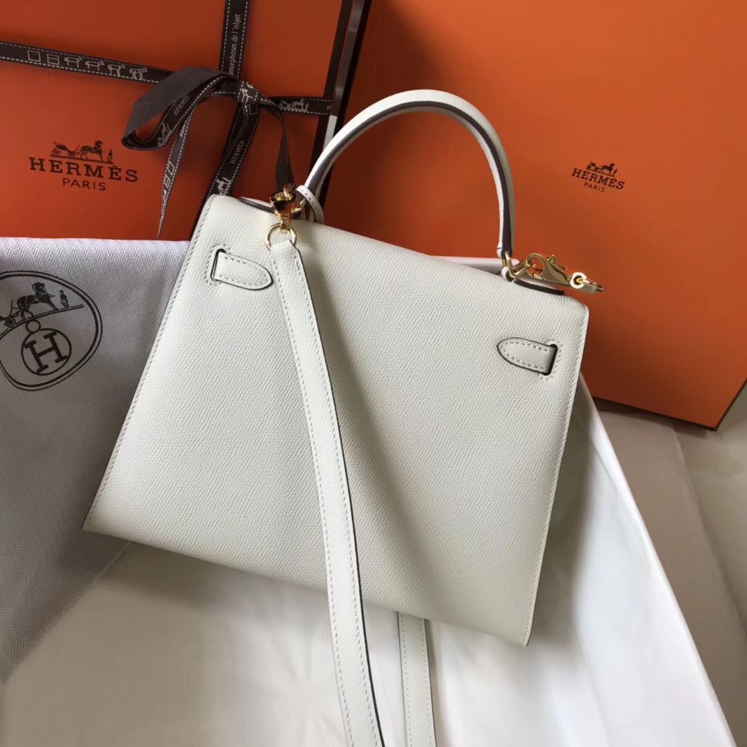Hermes Kelly 25cm Sellier Bag In White Epsom Leather - Image 3