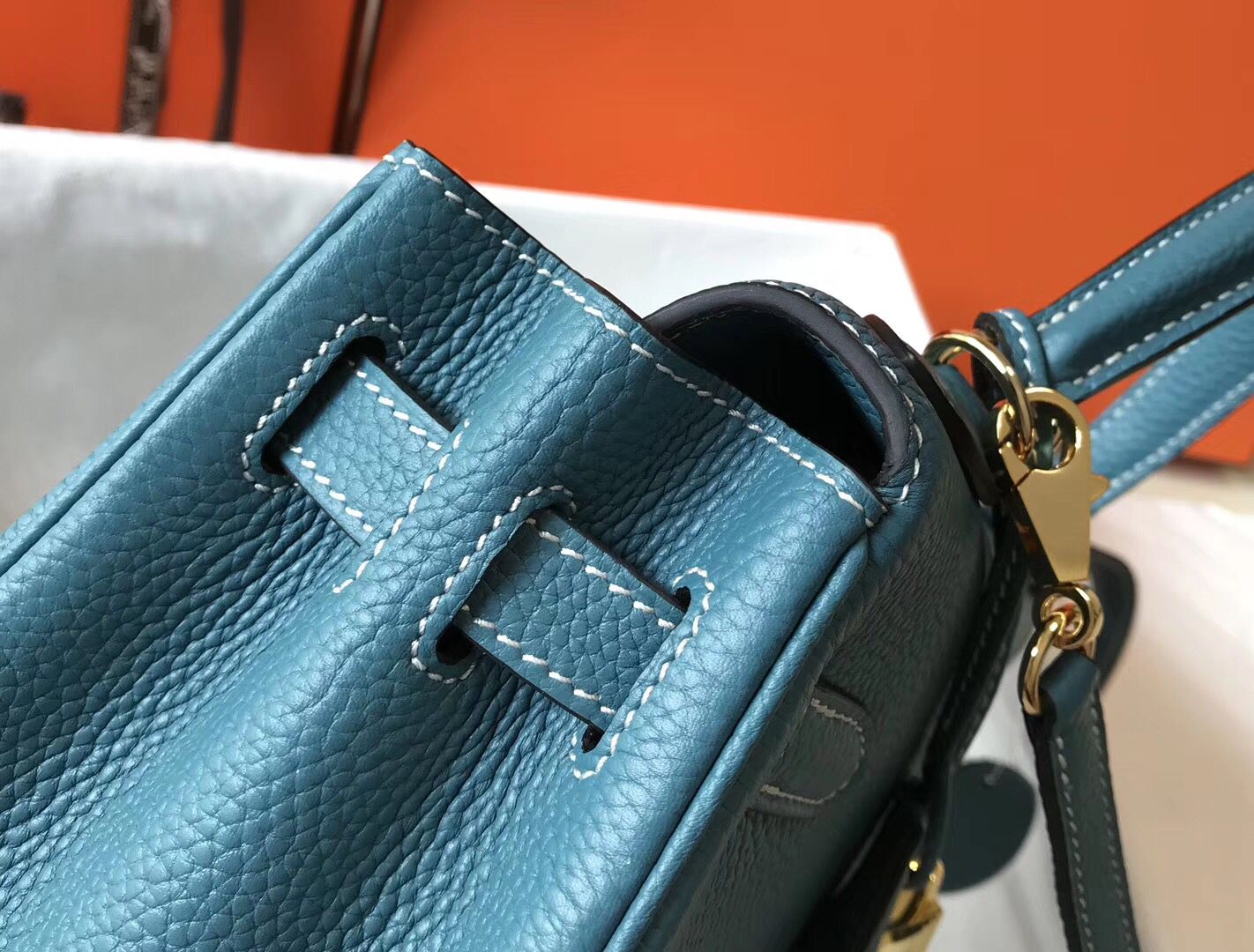 Hermes Kelly 28cm Bag In Blue Jean Clemence Leather GHW - Image 9