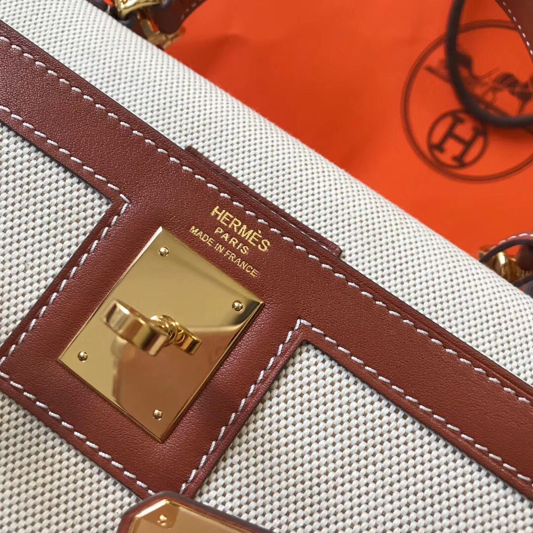 Hermes Kelly 32cm Bag In Toile Canvas With Barenia Leather - Image 6