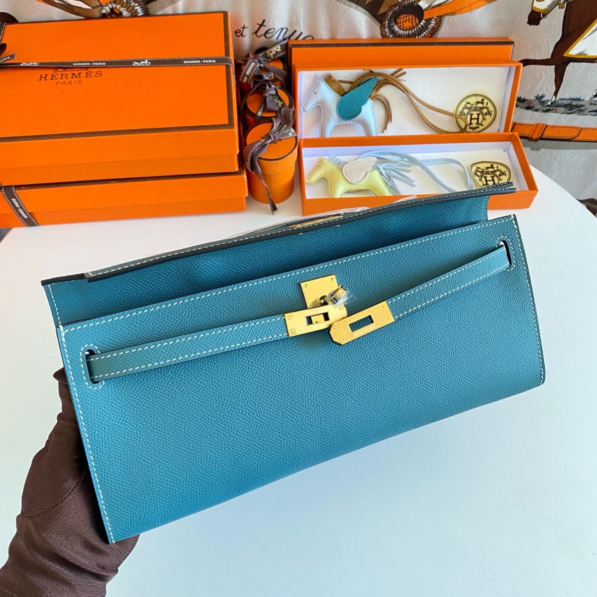 Hermes Kelly Cut Handmade Bag in Blue Jean Epsom Calfskin - Image 8