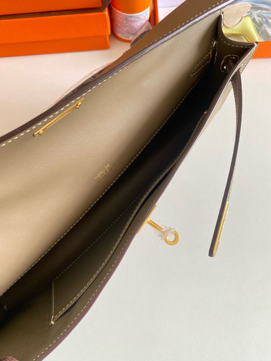 Hermes Kelly Cut Handmade Bag in Taupe Swift Leather - Image 7