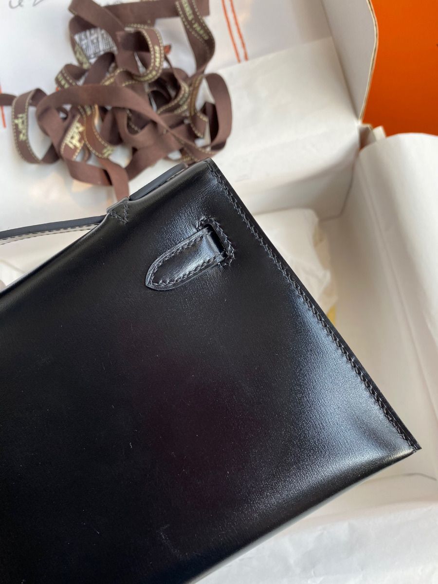 Hermes Kelly Pochette Handmade Bag In Black Box Calfskin - Image 6