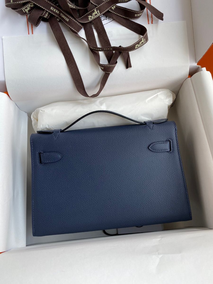 Hermes Kelly Pochette Handmade Bag In Blue Saphir Epsom Calfskin - Image 3