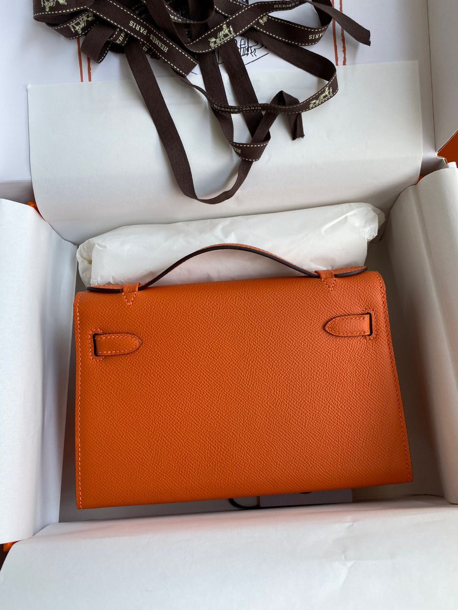 Hermes Kelly Pochette Handmade Bag In Orange Epsom Calfskin - Image 3