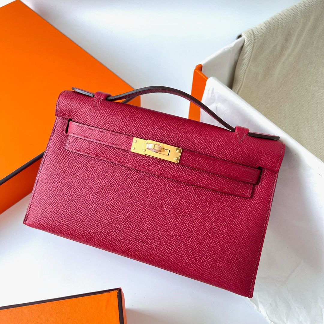 Hermes Kelly Pochette Handmade Bag In Rouge Grenat Epsom Calfskin - Image 3