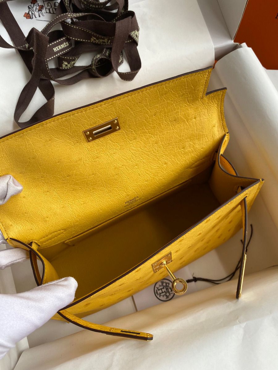 Hermes Kelly Pochette Handmade Bag In Jaune Ambre Ostrich Leather - Image 7
