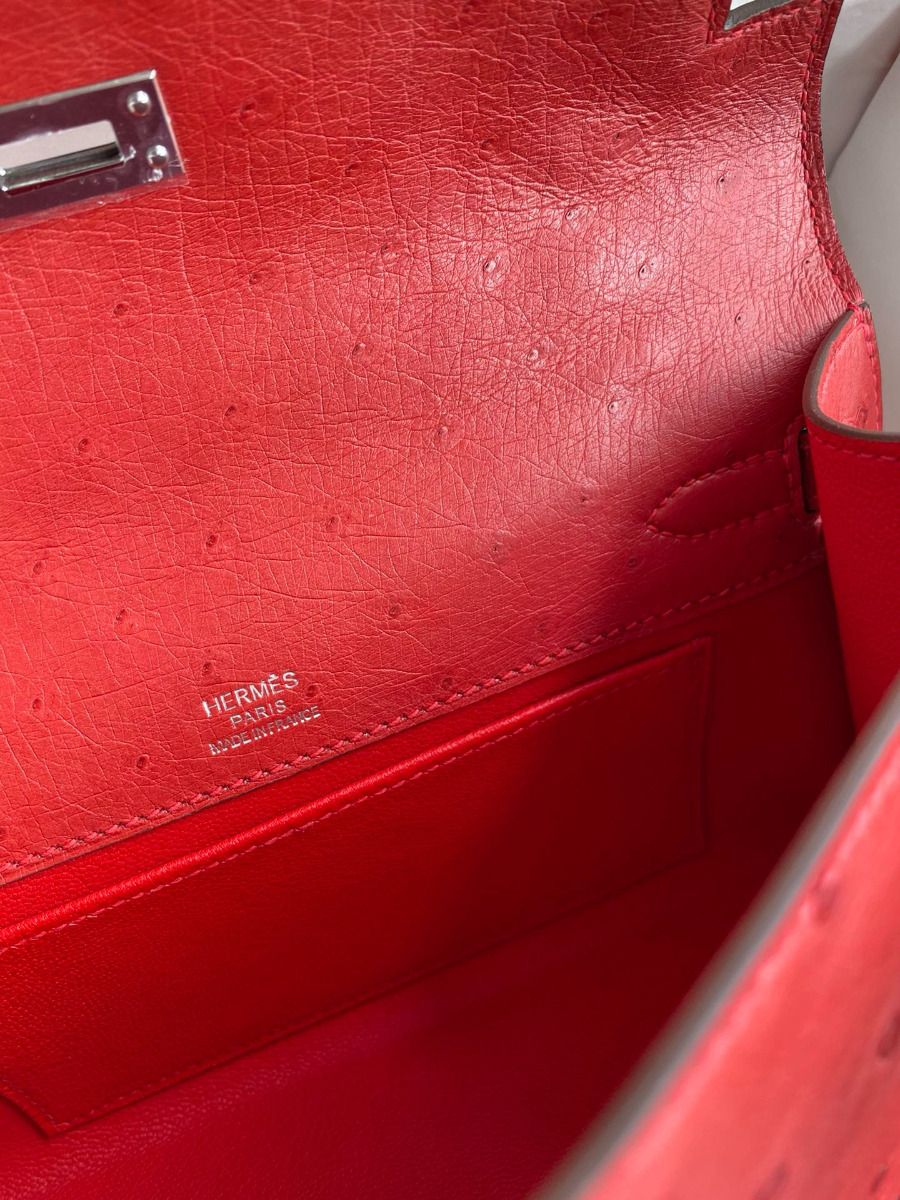 Hermes Kelly Pochette Handmade Bag In Red Ostrich Leather - Image 10