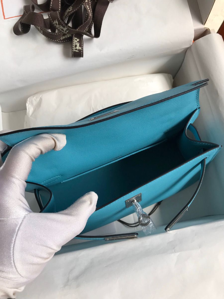 Hermes Kelly Pochette Handmade Bag In Blue du Nord Swift Calfskin - Image 9