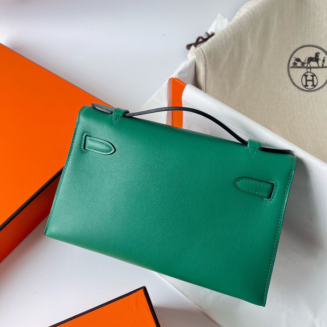 Hermes Kelly Pochette Handmade Bag In Vert Vertigo Swift Calfskin - Image 9