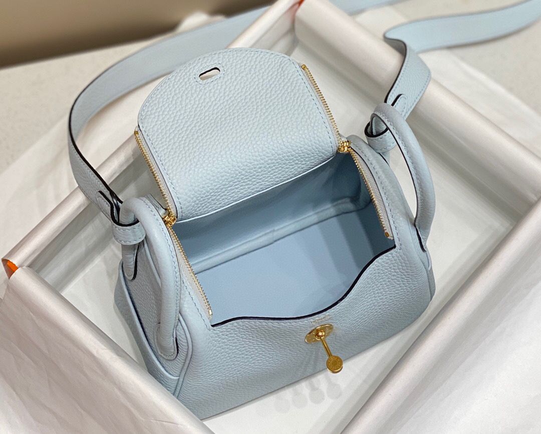 Hermes Lindy Mini Bag In Blue Brume Clemence Leather GHW - Image 10
